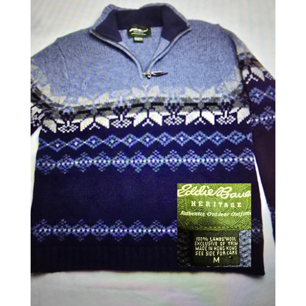 Eddie Bauer Heritage Sweater Mens Wool Quarter Zip Nordic Fair Isle‎ Pullover